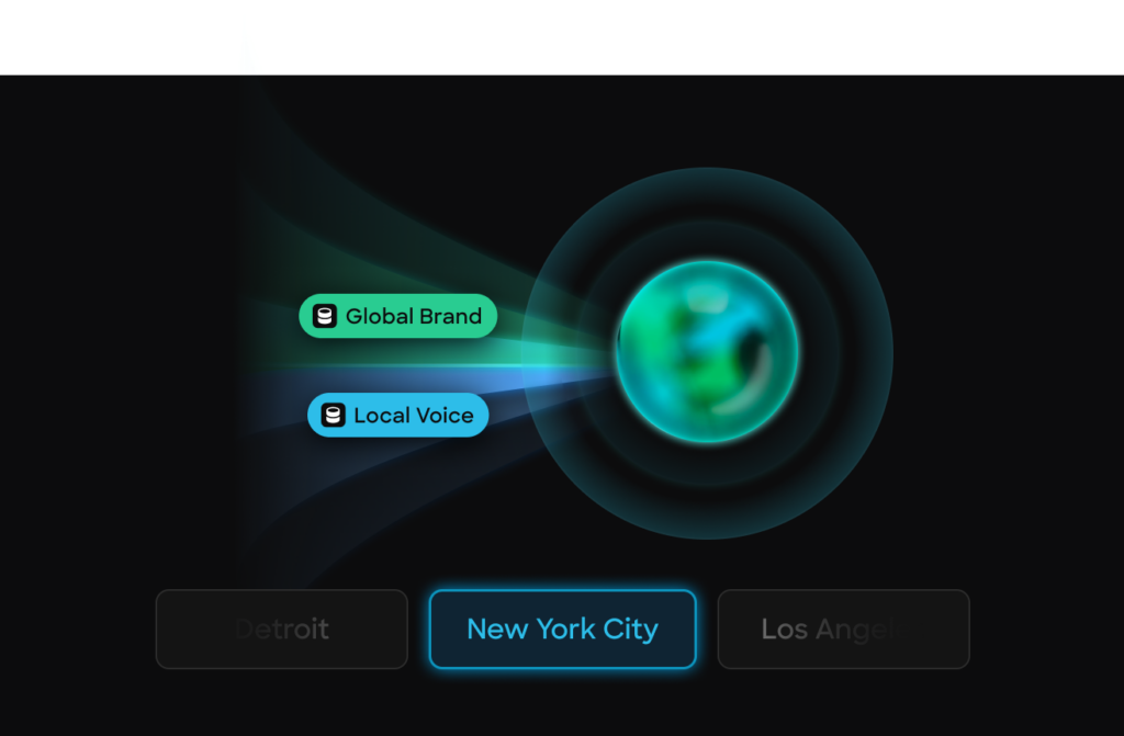 Stylized globe with Global Brand and Local Voice labels; New York City option highlighted below.