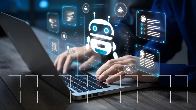 Person typing on laptop with chatbot and AI icons displayed as holograms above the keyboard.