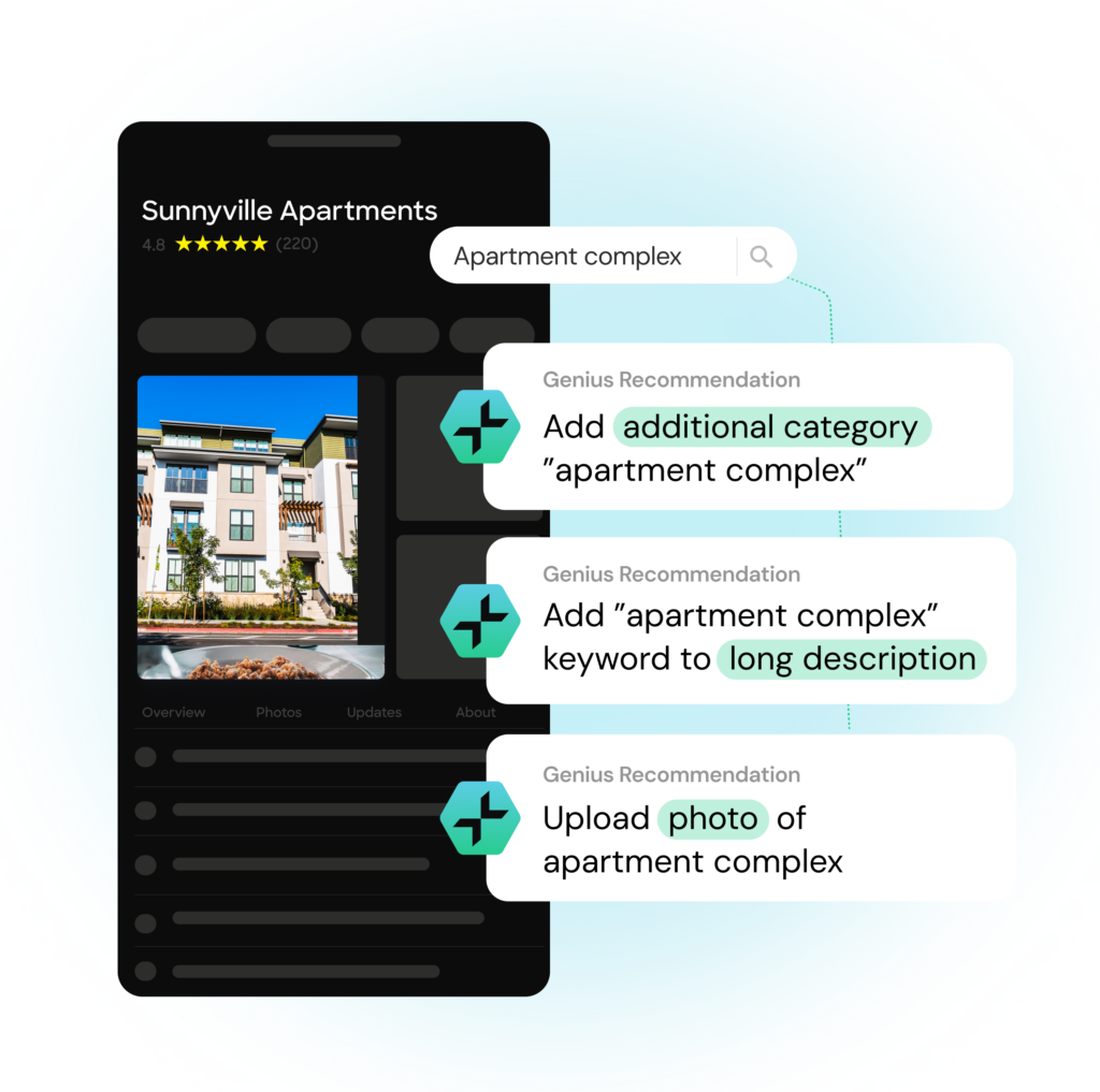An apartment complex profile showing SOCi Genius optimization recommendations.