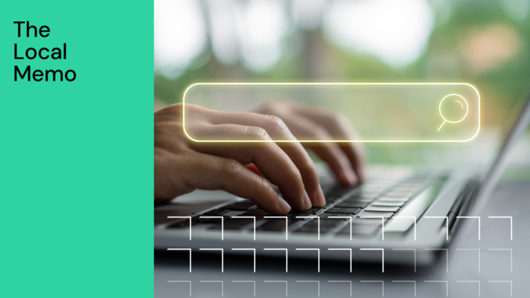 Hands typing at a keyboard with a web browser search bar superimposed on the image, to reflect Google search behavior.