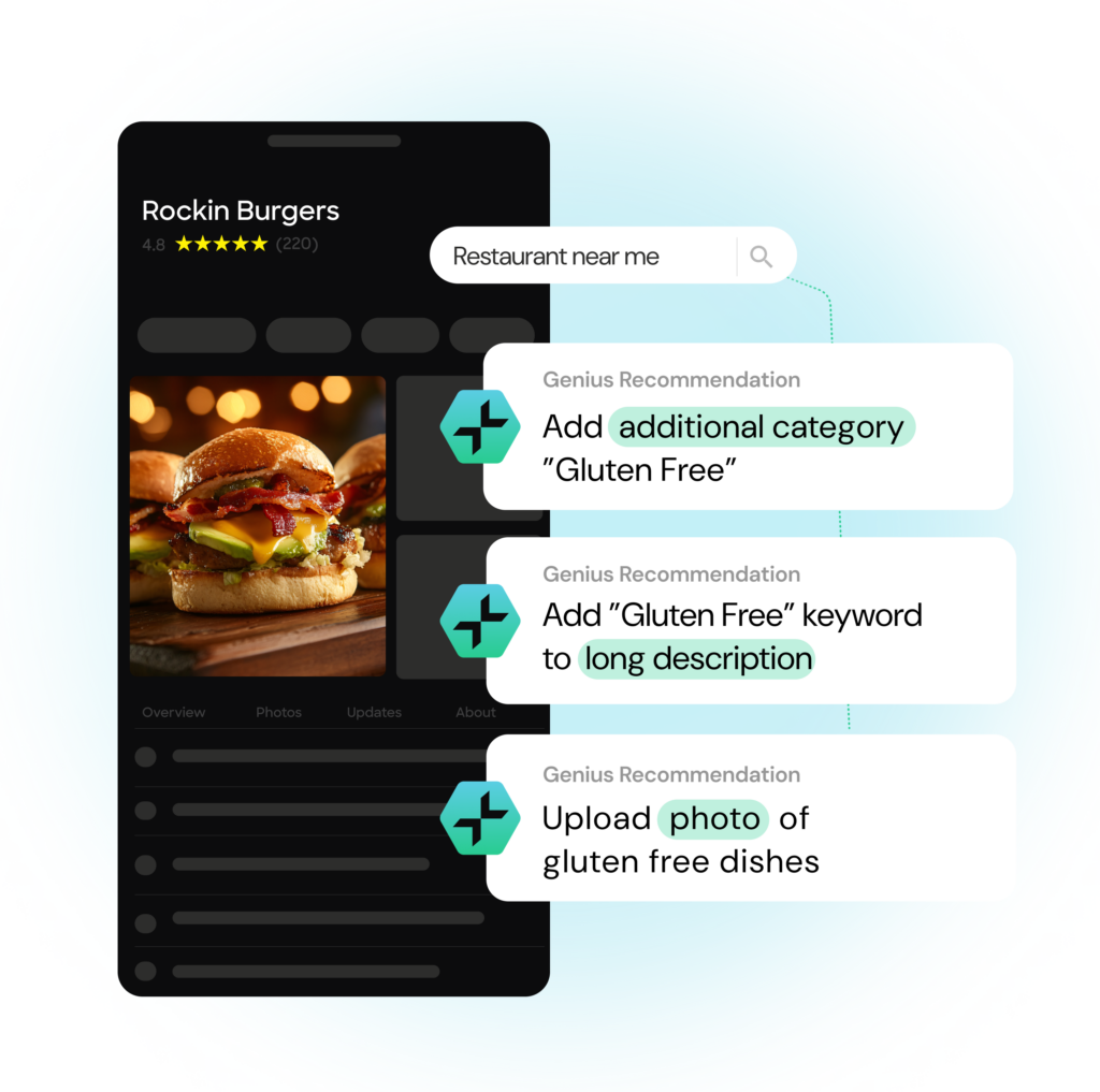 A smartphone restaurant listing showing SOCi Genius optimization recommendations.