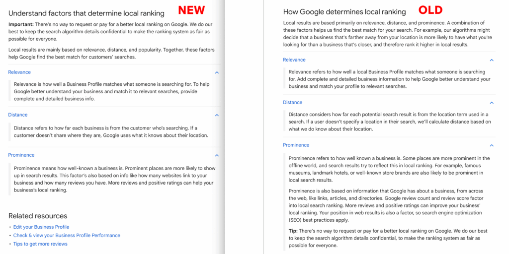 Screenshot of the old and new help documentation related to local ranking from Google.