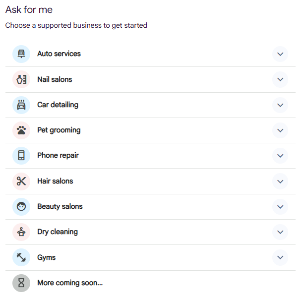 A list of the businesses currently supported in Google's "AskMe" project, ending with "coming soon…"