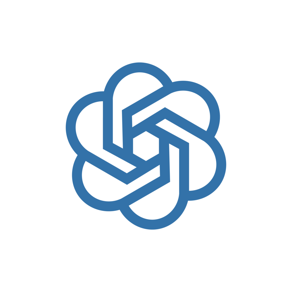 Blue geometric knot logo on a white circular background.
