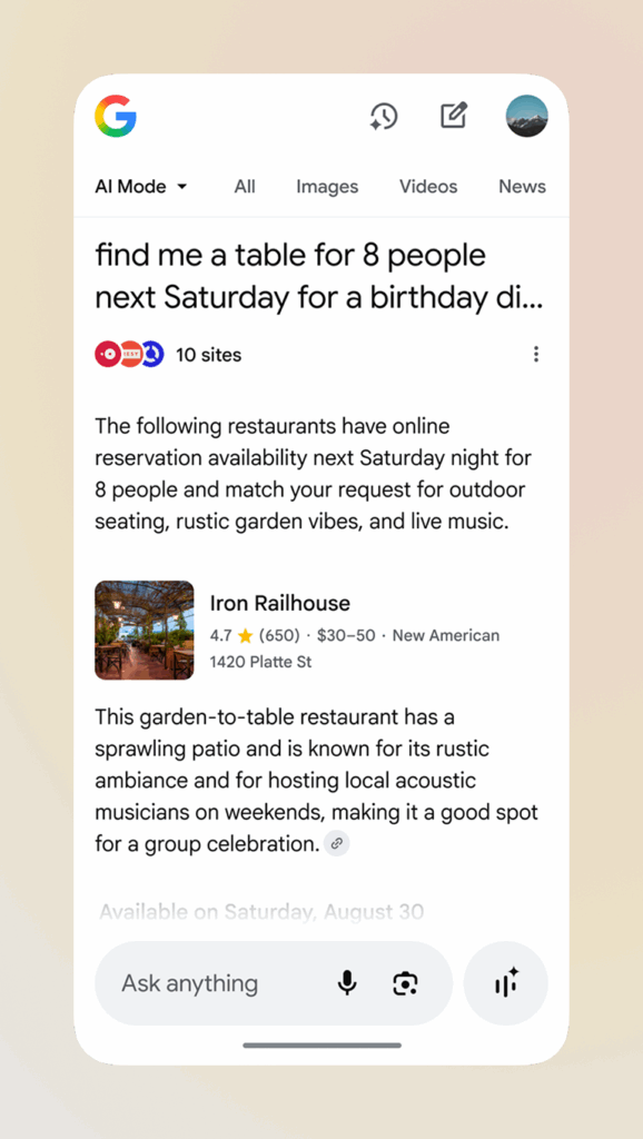 A screenshot of Google's AI search mode with a request to "find me a table for eight people next Saturday for a birthday dinner" showing one restaurant result