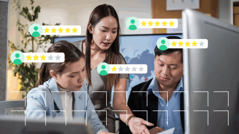 three office workers looking at a document on a work desk, with various star ratings stamped on the image