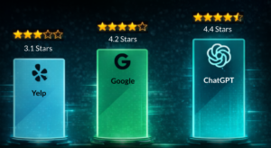 Comparison showing higher ratings required for brand visibility in AI search engines compared to Yelp and Google
