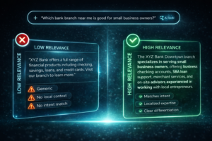 Example showing low versus high relevance content and how intent matching improves brand visibility in AI search engines