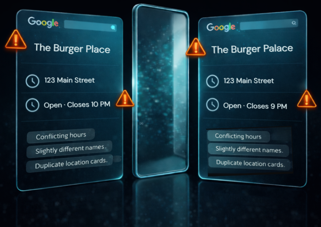 Example showing conflicting business listing data that reduces brand visibility in AI search engines