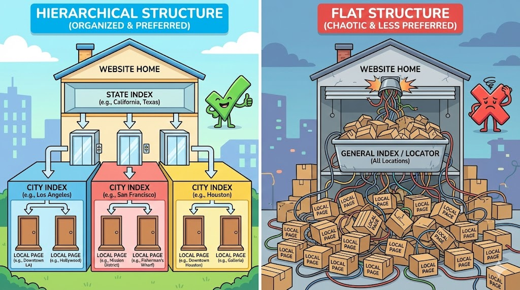 an image showing a house with a hierarchical structure for a website vs a disorganized house with a flat structure.