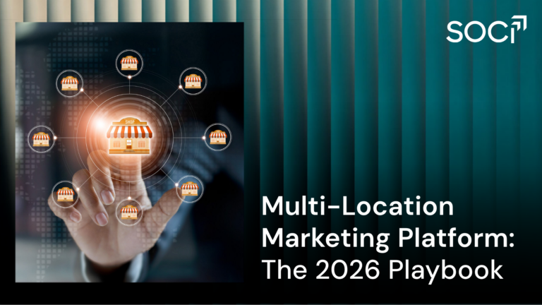 "Illustration of a hand controlling a central storefront hub connected to multiple location icons in a network, representing centralized multi-location marketing management through SOCi's platform